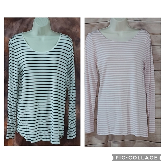 GAP lot of 2 tees long sleeve luxe soft white & black, pink & white stripes M L - Picture 1 of 14